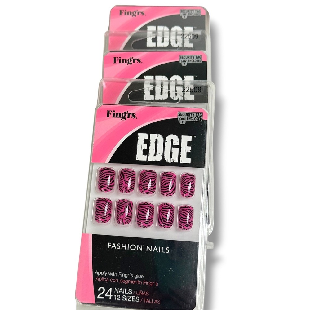 Fing'rs Edge Fashion‎ Nails Pink Black Zebra Print Press On 24 Ct Lot of 3 New